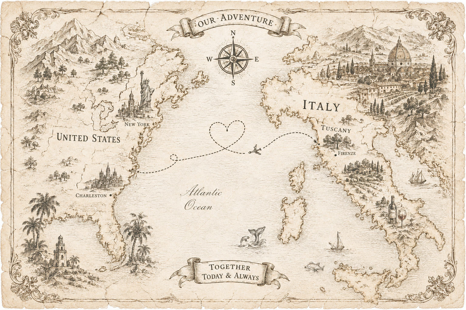 Vintage travel map showing our journey from the United States to Tuscany, Italy